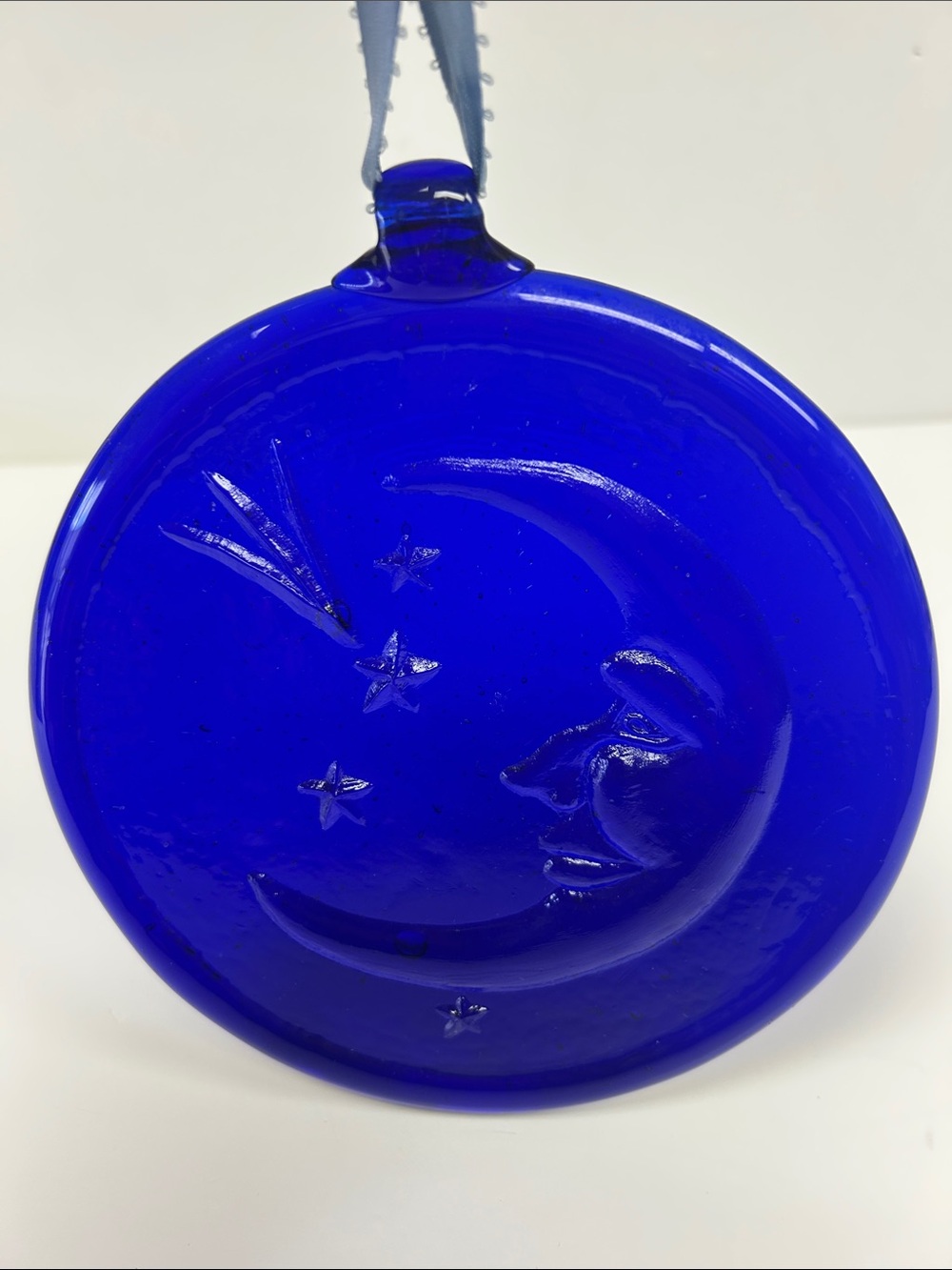 Vintage 1990’s cobalt blue  Celestial 6 1/4” pressed art glass  sun catcher.
